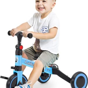 3 in 1 Tricycle for Toddler Age 2-5 Years Old, Folding Kids Balance Bike with Adjustable Seat & Removable Pedal, Indoor Outdoor Ride-on Toys for Infant, Baby Trike for Boy and Girl, Blue