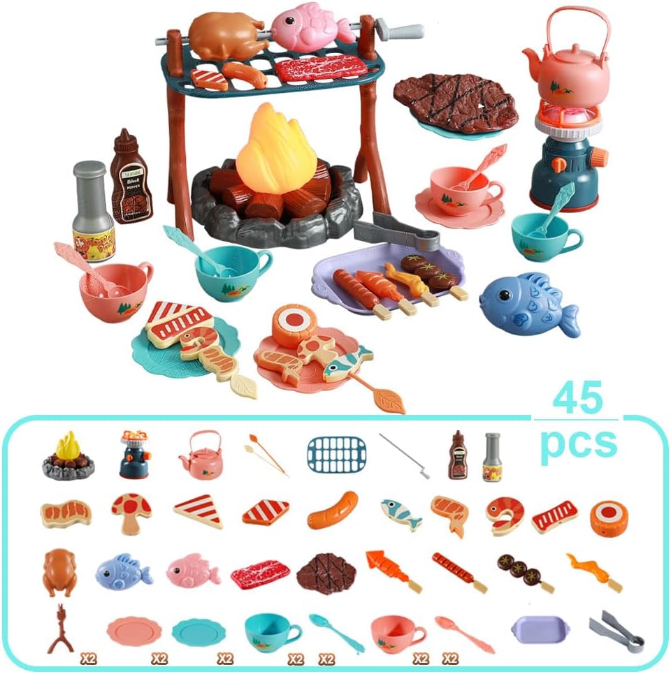 Pretend Play Campfire Toy Set with 45pcs Realistic BBQ Accessories,Fake Grill Foods,Tea Pots etc,Simulate Functional Lights&Sounds,Educational Outdoor Camping Toys Indoor&Outdoor for Kids Ages 3+ - Image 2