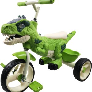 Dinosaur Kids Tricycle for 2-6 Year Olds | Big Wheel with Rubber Wheels, Storage Basket, Music Lights, Indoor Outdoor Use, Birthday Gift for Girls & Boys