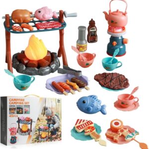Pretend Play Campfire Toy Set with 45pcs Realistic BBQ Accessories,Fake Grill Foods,Tea Pots etc,Simulate Functional Lights&Sounds,Educational Outdoor Camping Toys Indoor&Outdoor for Kids Ages 3+