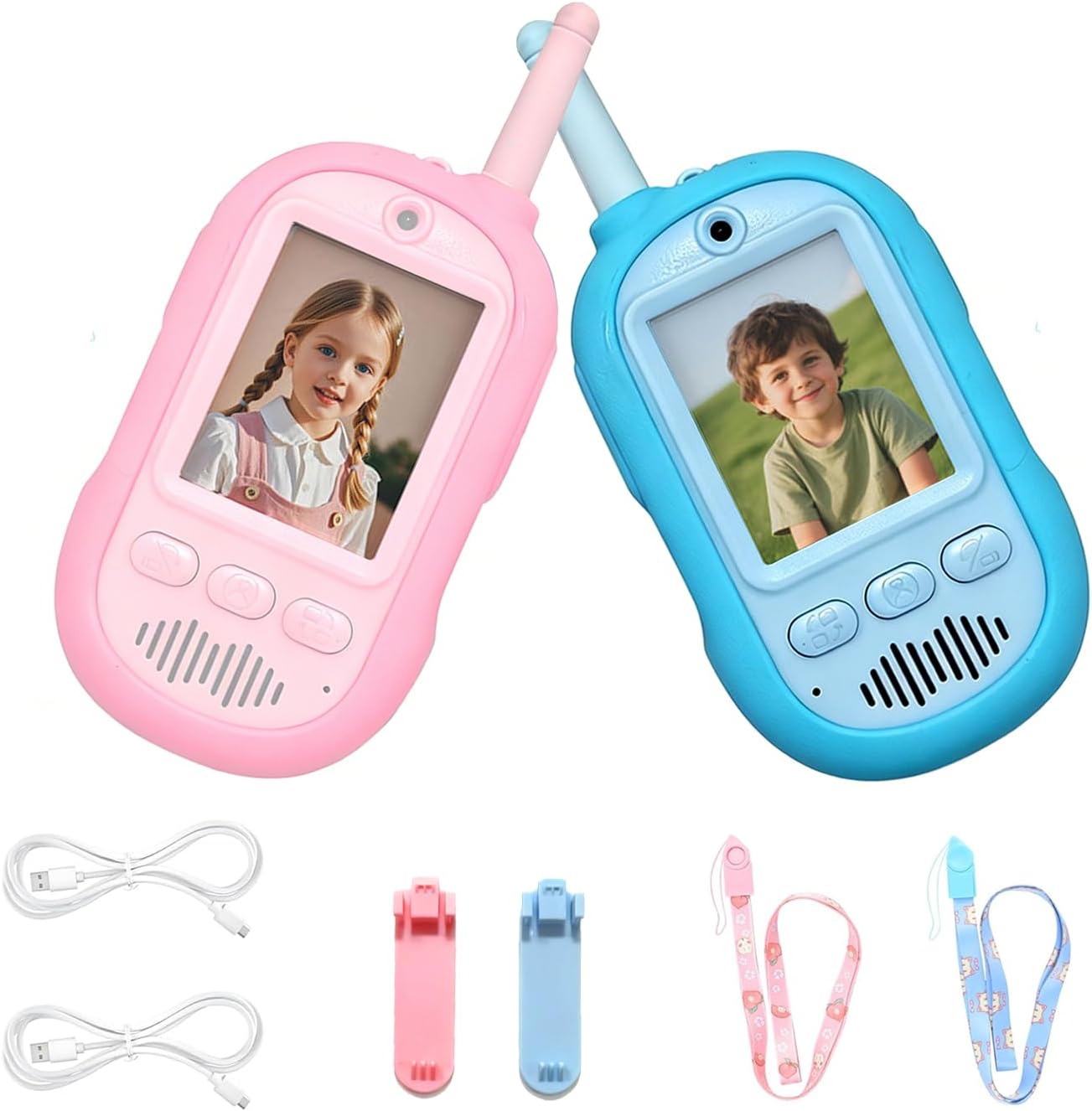 2PCS Video Walkie Talkies for Kids Camping Toys Spy Gear Outdoor Games for Family Hide and Seek Spy Role Play ABS Rechargeable Long-Range HD Camera Voice Changer Toy - Blue/Pink 136x56x26mm