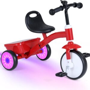 HONEY JOY Tricycle, Kids Trike 3 Wheel Bike w/Light up Rear Wheels, Adjustable Seat, Removable Pedals & Storage Basket, Toddler Tricycle for 3-5 Years Old Preschool Boys Girls, Christmas Birthday