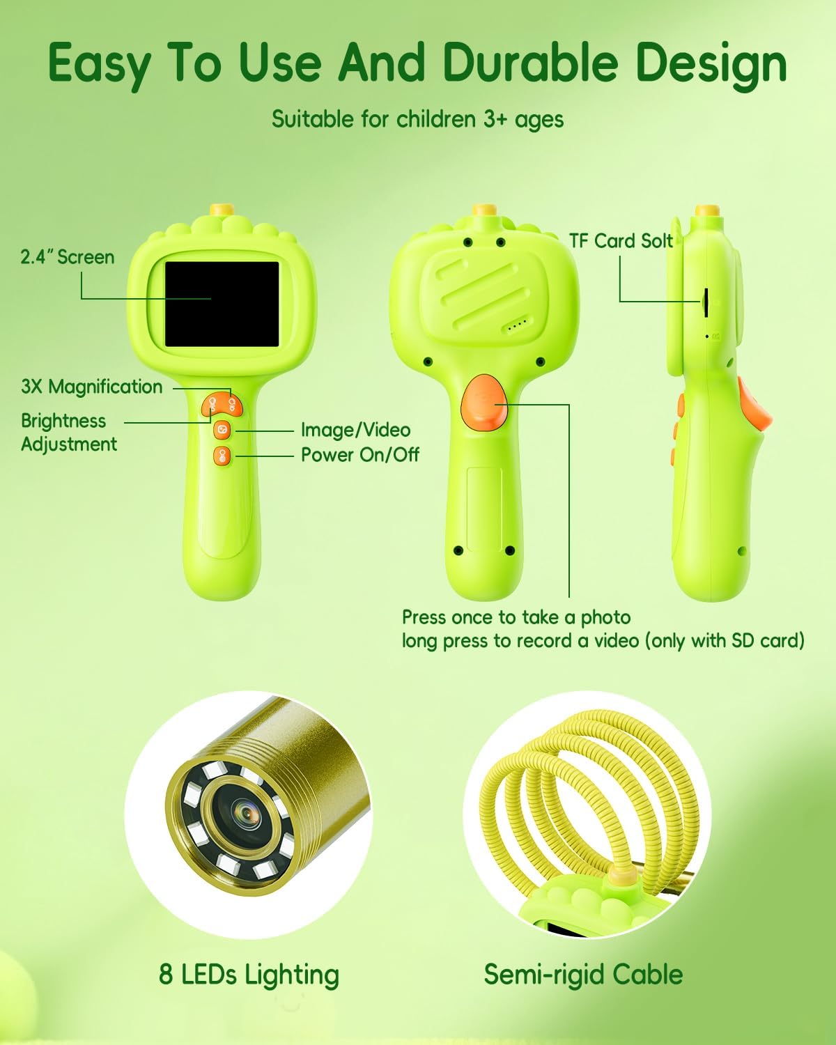 Borescope Camera with Light for Kids, Ashfly STEM Science Educational Toy for 3 4 5 6 7 8 Years Old Boys & Girls, 2.4" Screen Snake Scope Camera for Birthday Outdoor Camping Nature Exploration-Green - Image 3