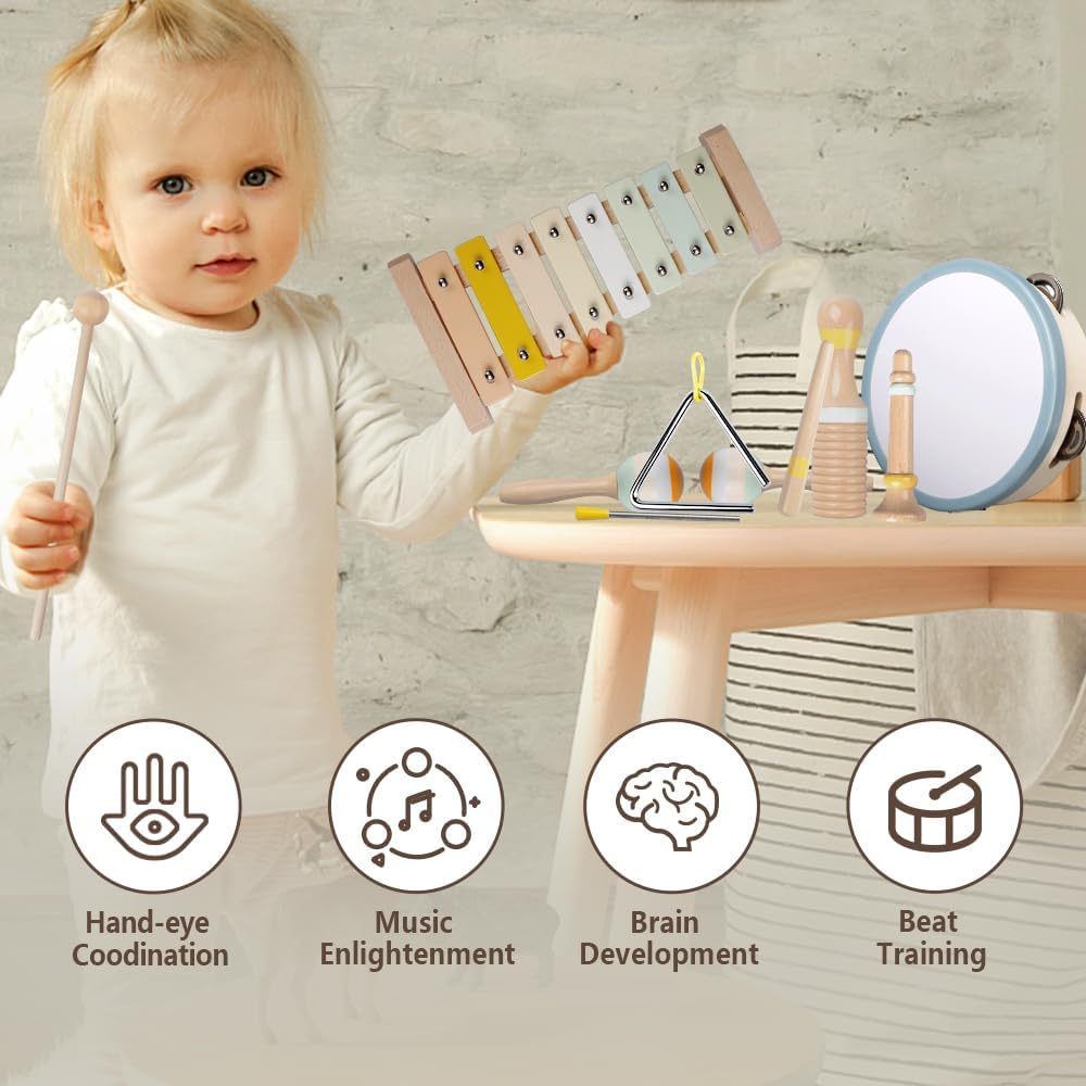 Baby Musical Instruments-Montessori Wooden Toys for Toddlers,Neutral Colors Percussion Instruments Set with Modern Boho Xylophone for Kids Preschool Educational (Neutral) - Image 3