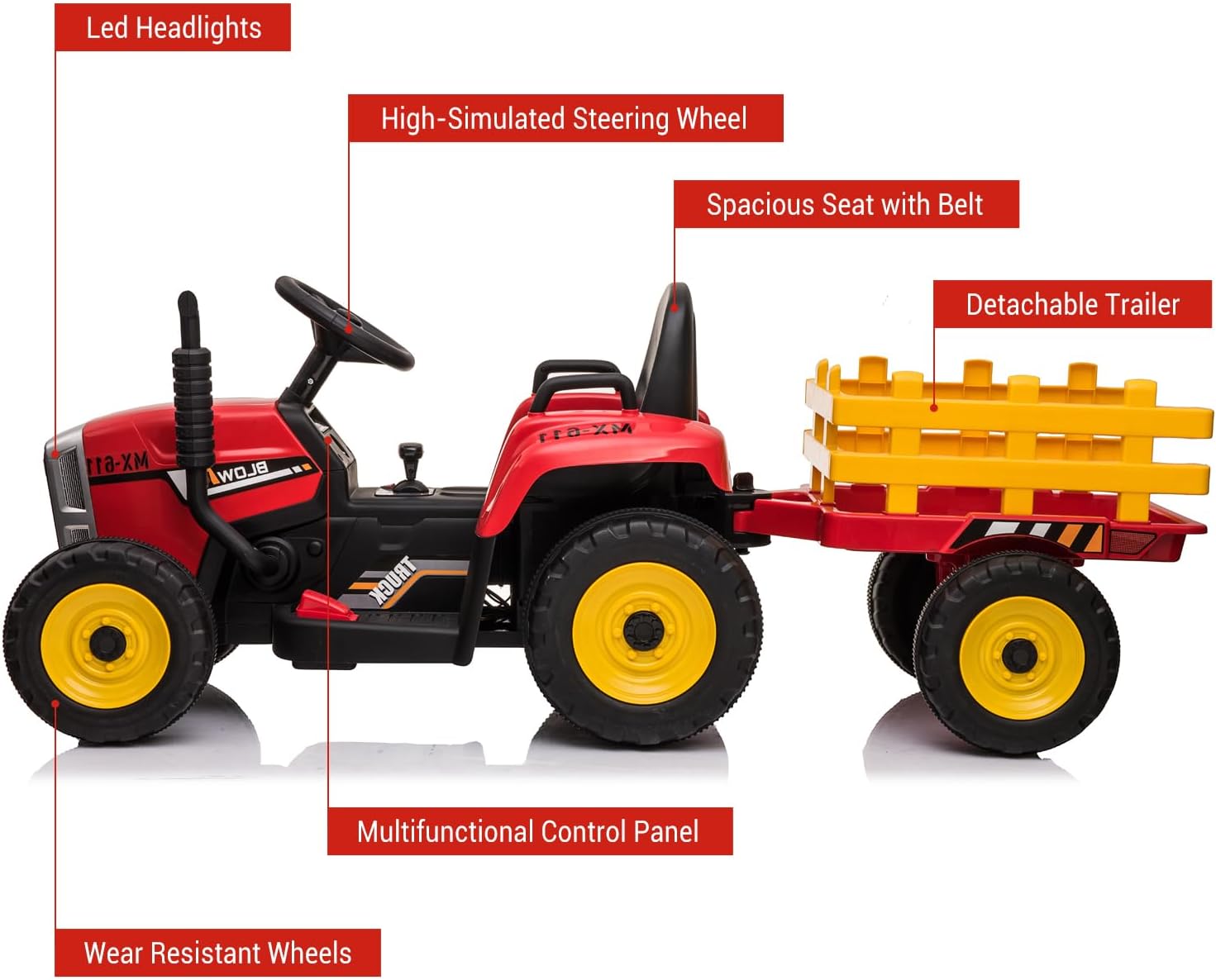 Garvee 12V 4.5Ah Kids Ride on Tractor with Trailer & Remote Control, 5Mph Speed, Toddler Electric Vehicle Car with Headlights,2+1 Gear Shift, Music, USB for 3-6 Years Children, Two 25W Motors, Red - Image 4