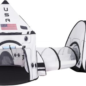 JOYIN White Rocket Ship Pop up Play Tent with Tunnel and Playhouse Kids Indoor Outdoor Spaceship Tent Set