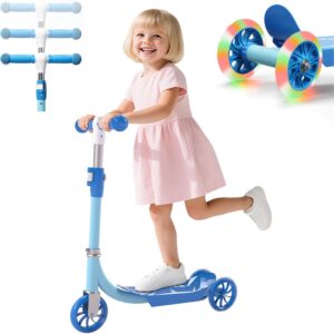 Kick Scooters for Kids 3-5 5-7 Years Age – Handlebars Safe-First Steer,Anti-Slip Deck,Height Adjustable Three Wheeled LED Lighted Up Toddler Scooter for Boy & Girl, Indoor Outdoor Kid Child Toy Gift