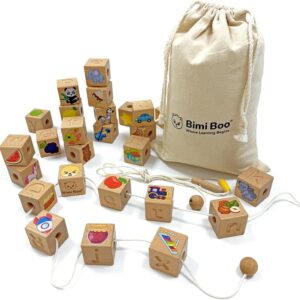 Bimi Boo Alphabet Lacing Beads for Toddlers – ABC Fine Motor Letter Threading Wooden Toy with Objects & Animals (26 Large Stringing Blocks, 2 Ropes, Cotton Bag)