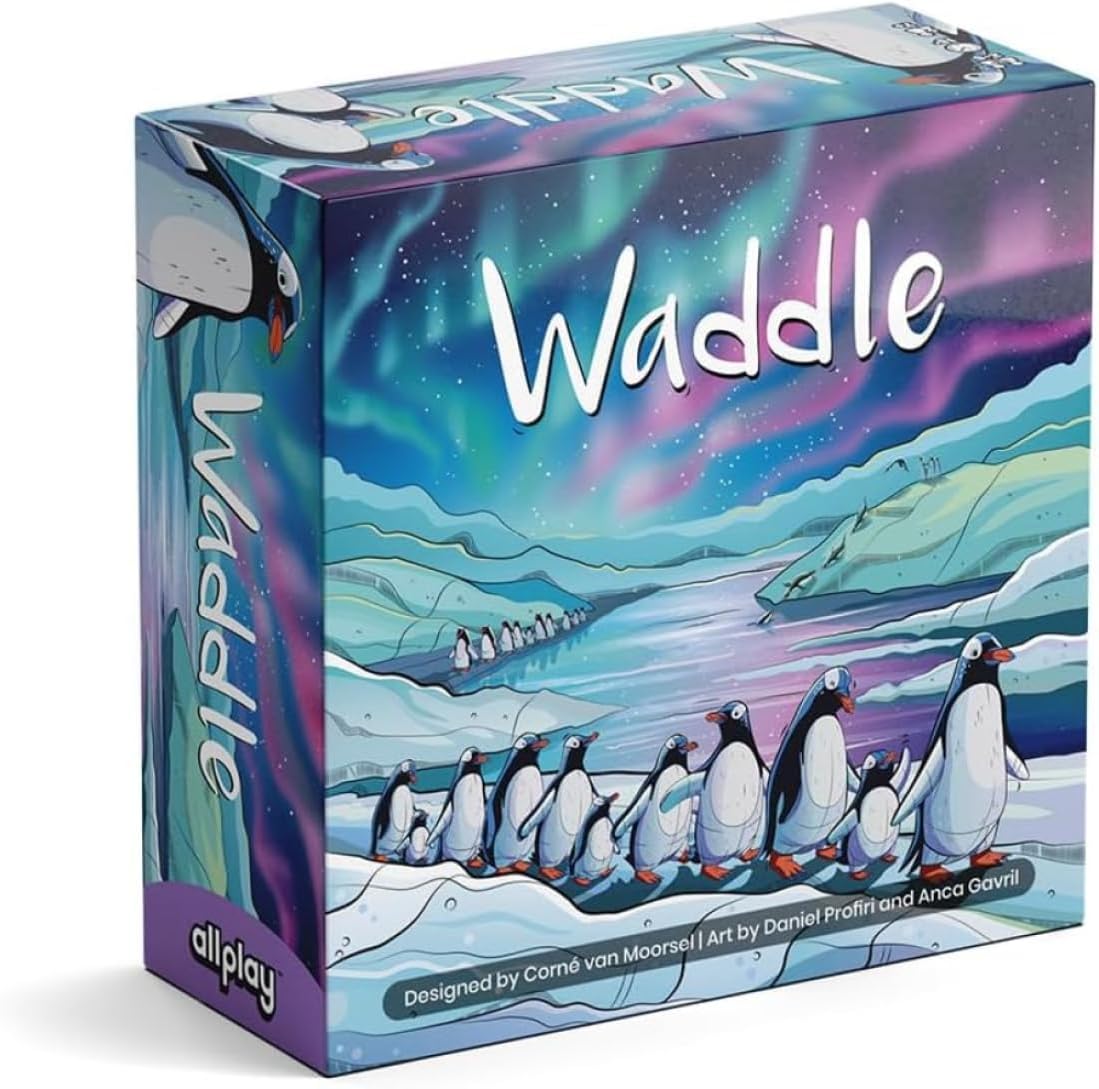 Allplay Waddle Board Game for Adults and Families - Connect Groups of Penguins to Claim The Most Fish - 1-Minute to Teach in A Small Box - 15 Min 2-5 Players Ages 7+