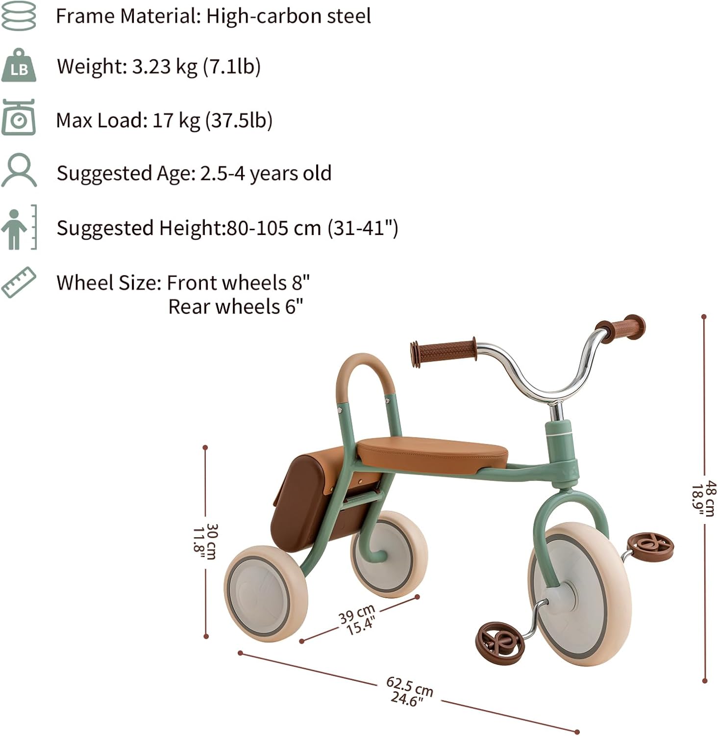 Kidpop Mate Toddler Tricycle Age 2.5-4 Kids First Birthday Gift Toy Bike with Handlebar Grips & Storage for Outdoor Play (Green) - Image 2
