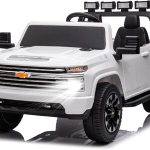 24V 4WD Ride on Toy, 2 Seater Licensed Chevrolet Silverado HD Kids Electric Car with Remote Control, Battery Powered 4×4 Truck for Boys Girls, All-Terrain Outdoor Vehicle with Bluetooth, White