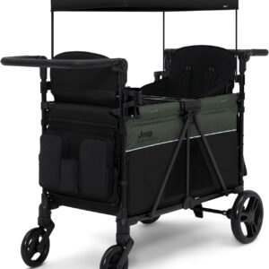 Jeep Aries Stroller Wagon by Delta Children Premium Wagon for 2 Kids with Convertible Seats, Adjustable Push/Pull Handles, Removable Canopy & Flat Fold – Greenguard Gold Certified, Black/Green