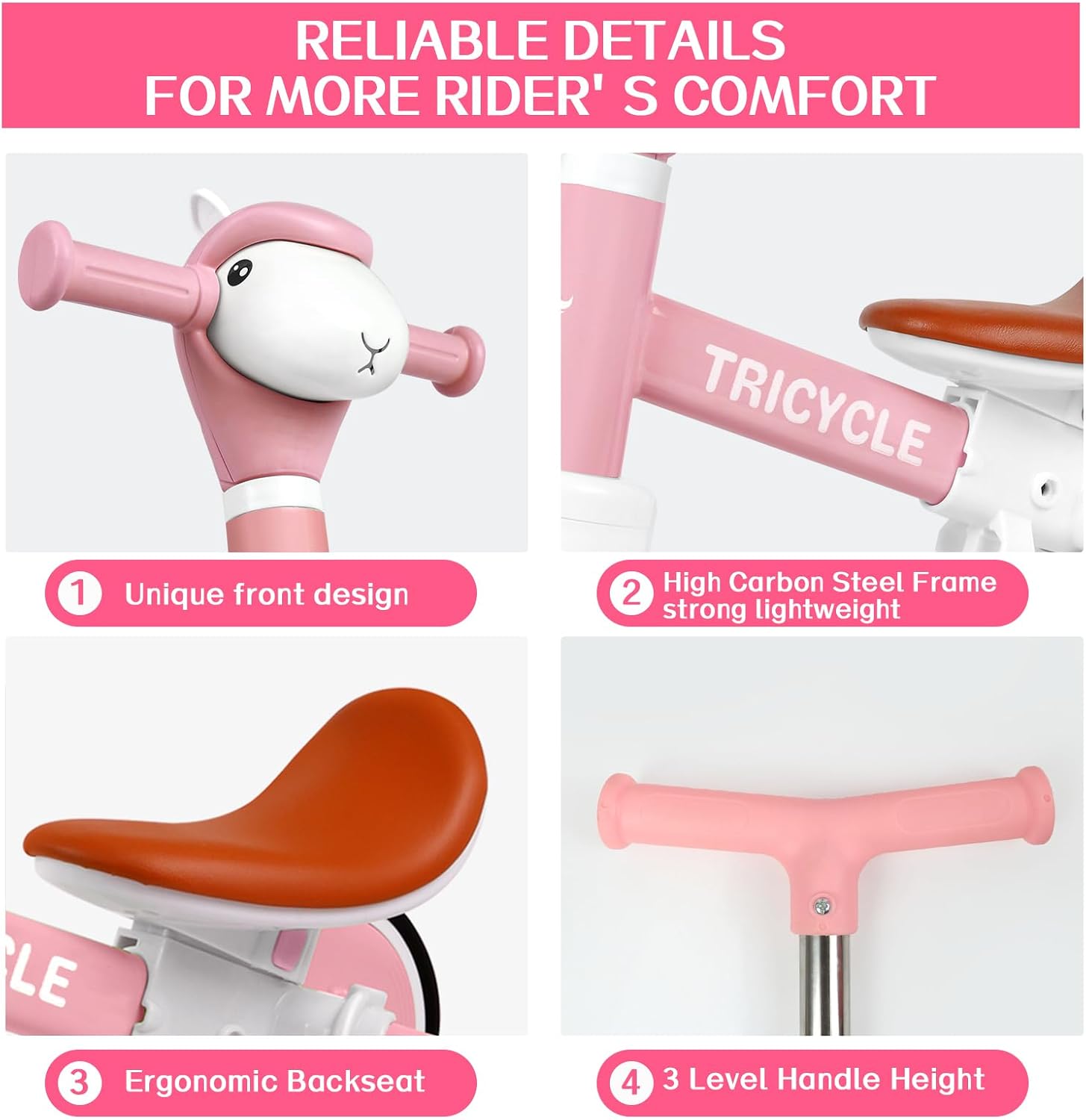 5-in-1 Toddler Tricycle with Lights & Music, Adjustable Push Kids Bike for 1-5 Year Olds, Toddler Balance Bike & Tricycle for Boys & Girls, Birthday Gift for 1 2 3 4 5 Year Old Kids (Pink) - Image 4