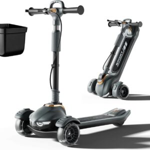 Large Kids Scooter, Toddler Scooter for Kids 3-18 & Adults, Safe Dual Brakes (Foot Brake/Hand Brake) & Music with Lights, 5-Level Adjustable & One-Click Folding Kick Scooter.