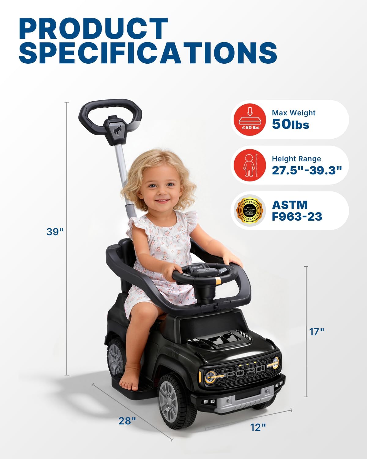 First Ride On 3-in-1 Toddler Push Car, Licensed Ford Bronco Raptor Kids Push Car for Toddlers 1-3 w/Handle, Safety Rails, Music and Horn, Toddler Ride on Toy for Boys, Stroller Substitute (Black) - Image 9