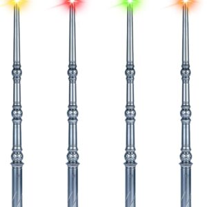 EnrichFun Light Up Magic Wand with Sounds & 4 Color Lights – 4PCS Illuminating Wizard Witch Toy Wands for Kids – Cosplay Birthday Party Favors, Silver