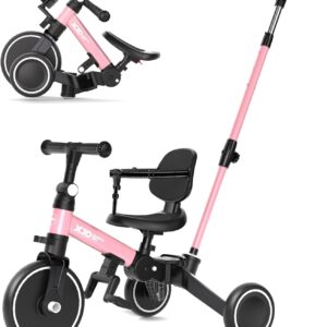 XJD Toddler Bike, 6 in 1 Folding Toddler Tricycle for 1-4 Year Old with Parental Control Handle, Balance Bike with Removable Pedal, Backrest, Adjustable Seat Height, First Birthday Gifts (Pink)