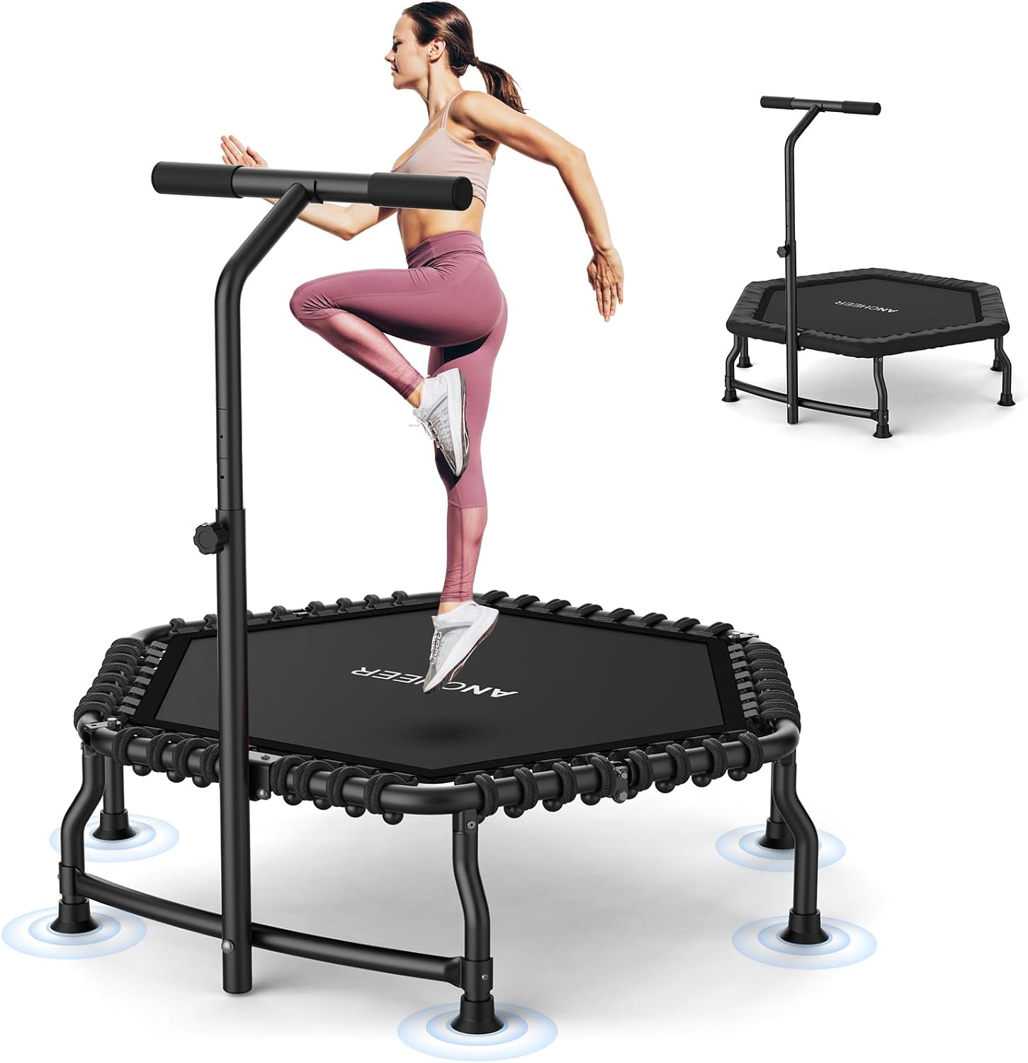 ANCHEER Trampoline, 50'' Rebounder Trampoline for Adult with Bar, Indoor Mini Trampoline, 550LBS Fitness Trampoline with Bungee, Jumping Cardio Equipment, Exercise Trampoline at Home Gym
