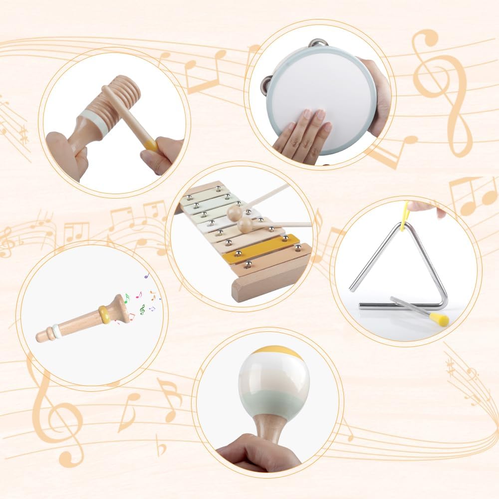 Baby Musical Instruments-Montessori Wooden Toys for Toddlers,Neutral Colors Percussion Instruments Set with Modern Boho Xylophone for Kids Preschool Educational (Neutral) - Image 4