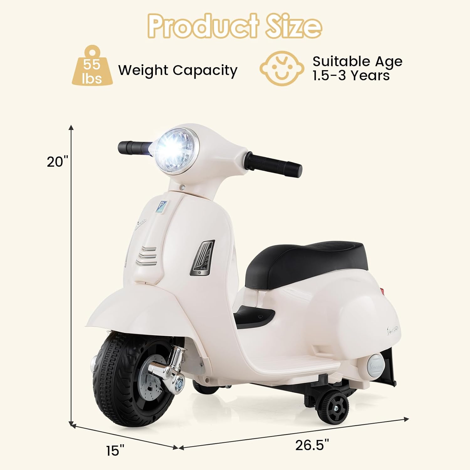 Licensed Vespa Scooter Kids Motorcycle by OLAKIDS, 6V Ride on Electric Motorcycle with Training Wheels, Headlight, Battery Powered 3 Wheels Toy Gift with LED Headlight Horn for Boys Girls (White) - Image 7
