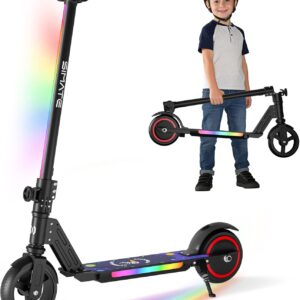 SIMATE Electric Scooter for Kids 6-14, e Kick Scooter with LED Display and Colorful Lights, Adjustable Height and Foldable, Double Brake, Gifts for Kids Girls Boys
