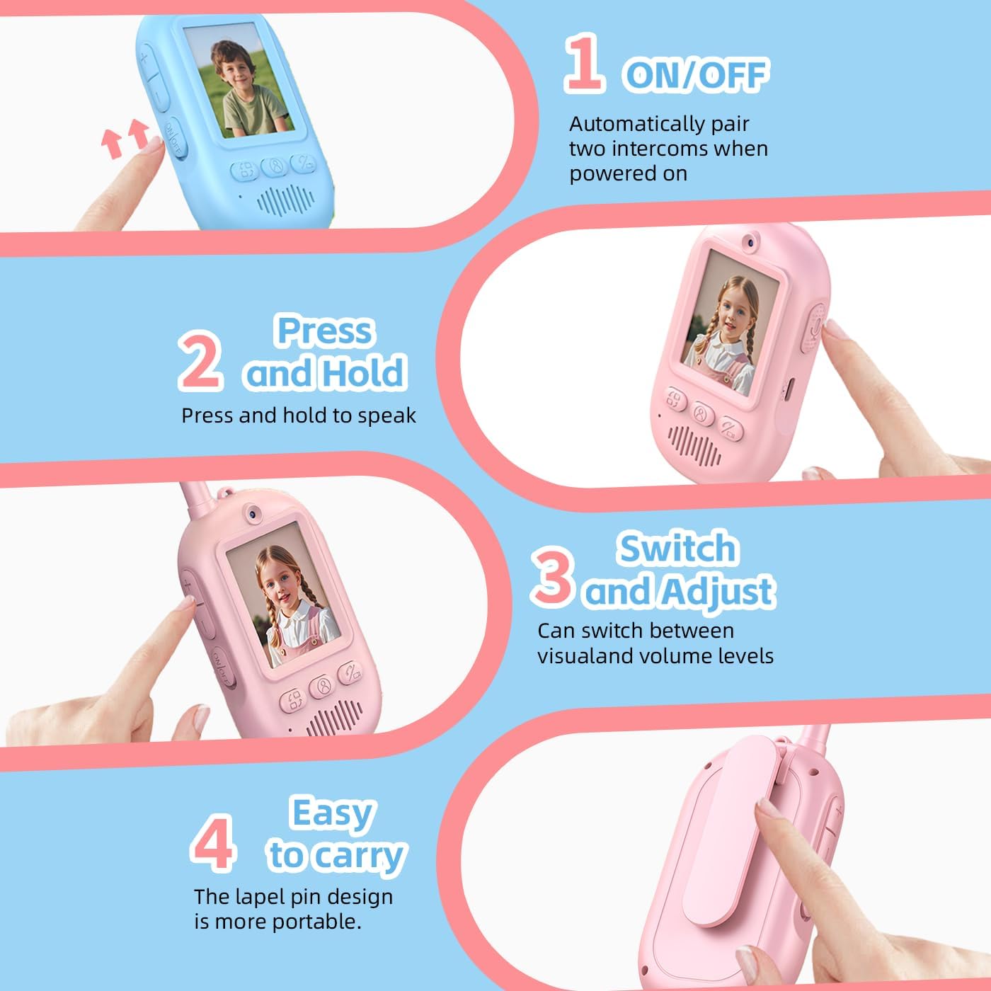2PCS Video Walkie Talkies for Kids Camping Toys Spy Gear Outdoor Games for Family Hide and Seek Spy Role Play ABS Rechargeable Long-Range HD Camera Voice Changer Toy - Blue/Pink 136x56x26mm - Image 5