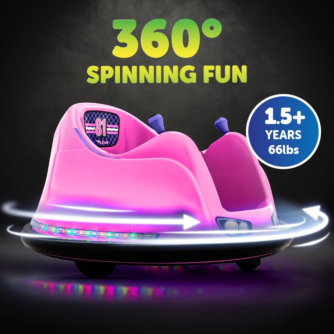 Flybar FunPark 6V Bumper Car for Toddlers, Electric Toddler Ride On Toys for Kids, Baby, Ages 1.5-4 Years, LED Lights, 360 Degree Spin, Supports up to 66 pounds (No Remote), Large, 6v Pink/Purple - Image 3