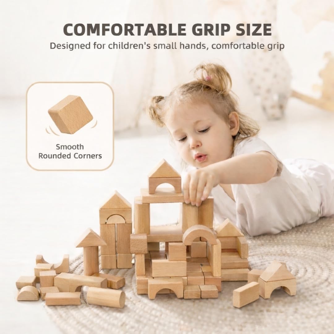 Pidoko Kids 100pcs Natural Beech Wood Building Blocks for Toddlers 1-3, Wooden Blocks with Storage Bucket and Shape Sorter Lid Montessori Toys for 1 2 3 Year Old Boys and Girls, Preschool Learning - Image 2
