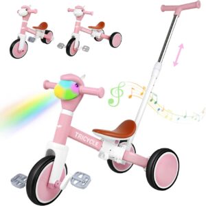 5-in-1 Toddler Tricycle with Lights & Music, Adjustable Push Kids Bike for 1-5 Year Olds, Toddler Balance Bike & Tricycle for Boys & Girls, Birthday Gift for 1 2 3 4 5 Year Old Kids (Pink)