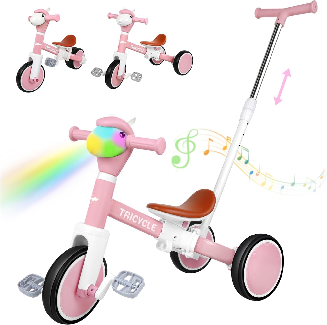 5-in-1 Toddler Tricycle with Lights & Music, Adjustable Push Kids Bike for 1-5 Year Olds, Toddler Balance Bike & Tricycle for Boys & Girls, Birthday Gift for 1 2 3 4 5 Year Old Kids (Pink)
