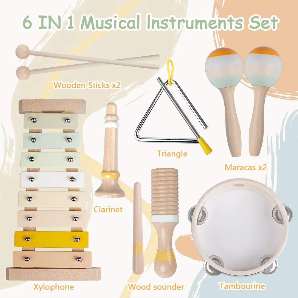 Baby Musical Instruments-Montessori Wooden Toys for Toddlers,Neutral Colors Percussion Instruments Set with Modern Boho Xylophone for Kids Preschool Educational (Neutral) - Image 2