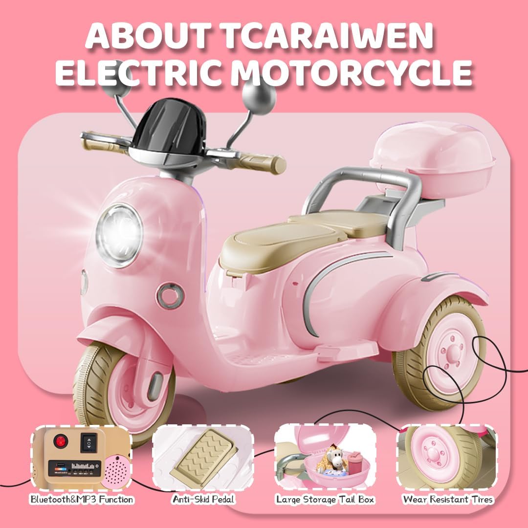 TCARAIWEN 2-Seater Electric Motorcycle for Girls, 3 Wheel 12V Electric Motorcycle, Ride On Toys for Kids 3-5 Years, Mini Moped with Multifunctional Music Player, Pink - Image 2