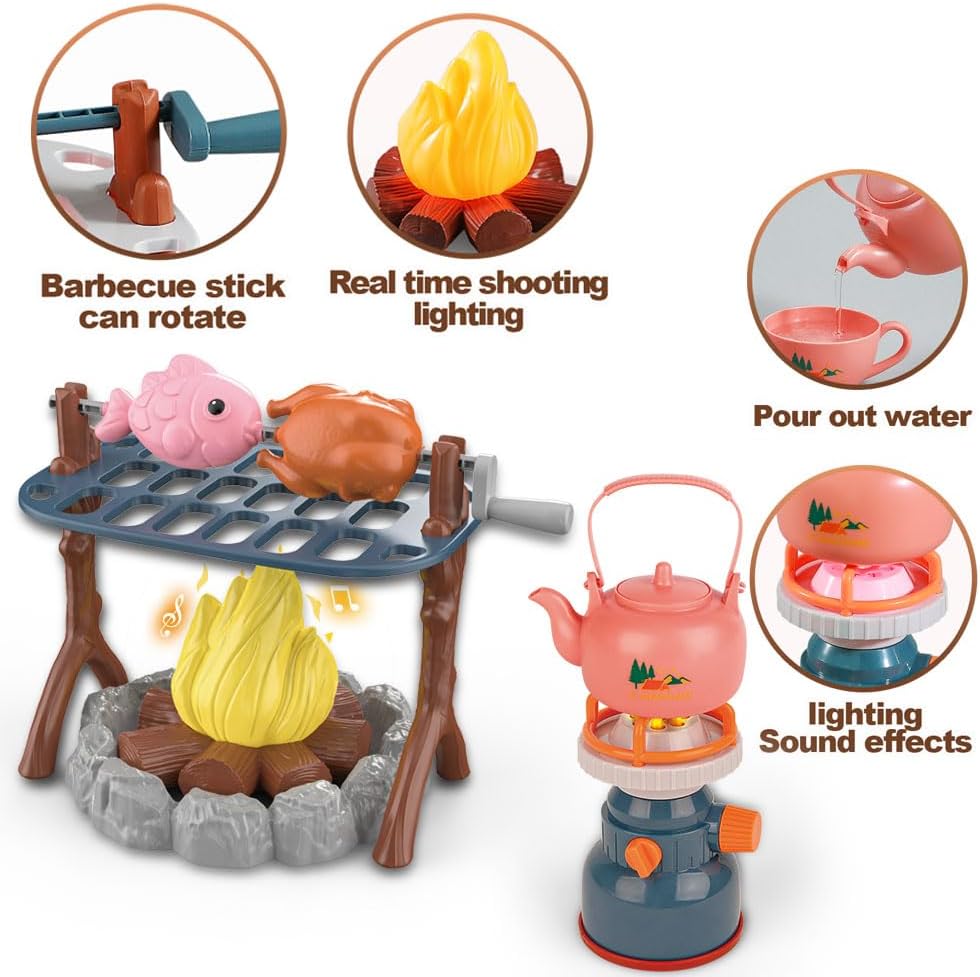 Pretend Play Campfire Toy Set with 45pcs Realistic BBQ Accessories,Fake Grill Foods,Tea Pots etc,Simulate Functional Lights&Sounds,Educational Outdoor Camping Toys Indoor&Outdoor for Kids Ages 3+ - Image 4