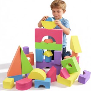 Large Building Foam Blocks for Toddlers, EVA Stacking Foam Building Blocks Toy Set, Non-Toxic, Washable, Early Learning Construction Toys & Gifts for Kids Boys & Girls (Blue, Pieces, 30)
