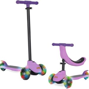 KRIDDO 3-in-1 Scooter for Kids Ages 1-5 Years Old, Folding Scooter with 3 Lighted Wheels, Wide Standing Board, Adjustable Height, Learn-to-Steer Handlebar, for Indoor and Outdoor