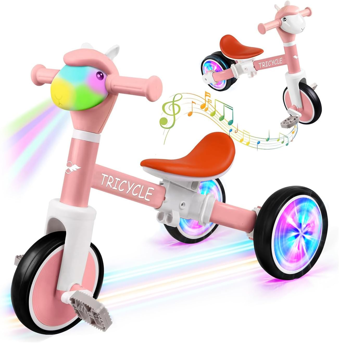 Toddler Balance Bike with Light Wheels & Music Front, Tricycle for Toddlers 1-5 Year Olds, Toddler Tricycle for Boys Girls, Kids Bicycle Birthday Gifts for Kids (Flash Wheel Pink)