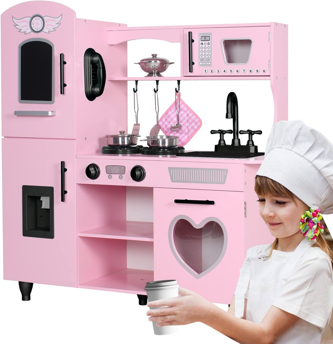 TaoHFE Play Kitchen, Pink Kids Kitchen Set for Girls Kitchen Set for Kids Ages 6-8 Gift Toddler Kitchen Set for Kid Age 3+ Kitchen Playset with Lights & Sounds Wooden Toy Kitchen Playset Gift
