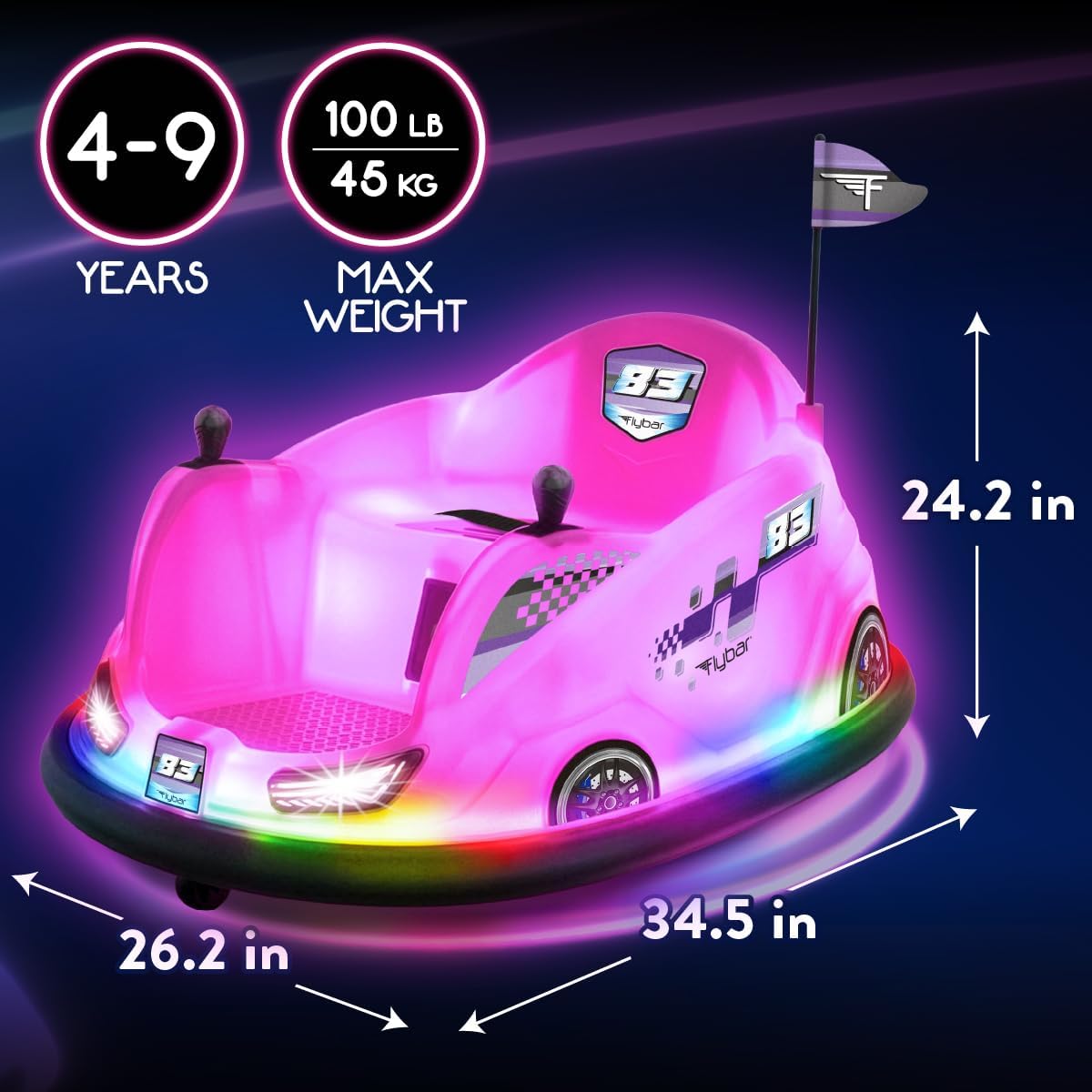 Flybar 12V Glow Bumper Car Ride On Toy - Indoor/Outdoor Toys, Toddler Toys, Bumper Cars, Kids Electric Car, w/ 360° Spins, Multi-Color LED Lights, Max Weight of 100lbs, Age 4-9yrs, Pink - Image 2