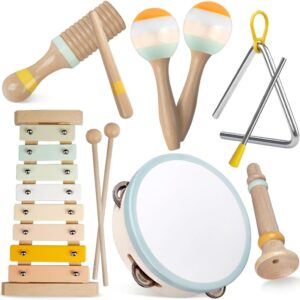 Baby Musical Instruments-Montessori Wooden Toys for Toddlers,Neutral Colors Percussion Instruments Set with Modern Boho Xylophone for Kids Preschool Educational (Neutral)