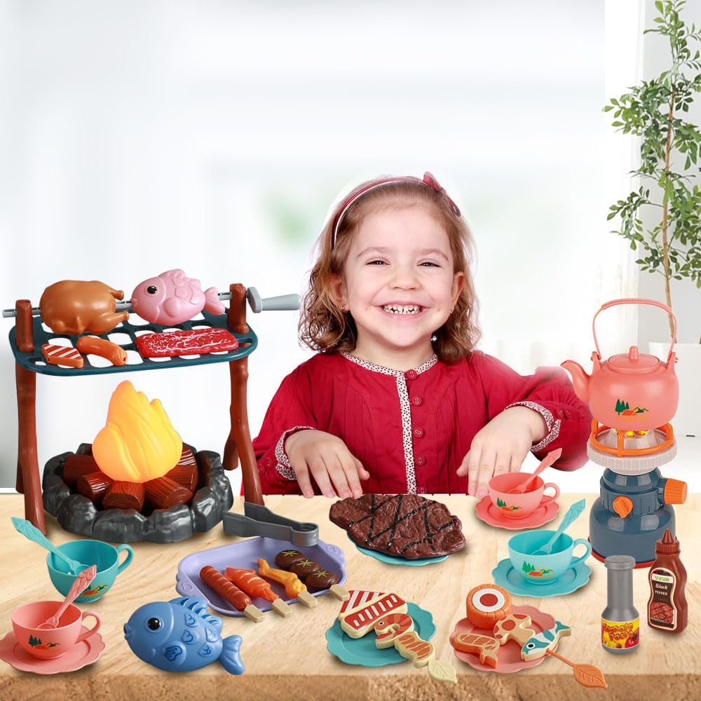 Pretend Play Campfire Toy Set with 45pcs Realistic BBQ Accessories,Fake Grill Foods,Tea Pots etc,Simulate Functional Lights&Sounds,Educational Outdoor Camping Toys Indoor&Outdoor for Kids Ages 3+ - Image 6