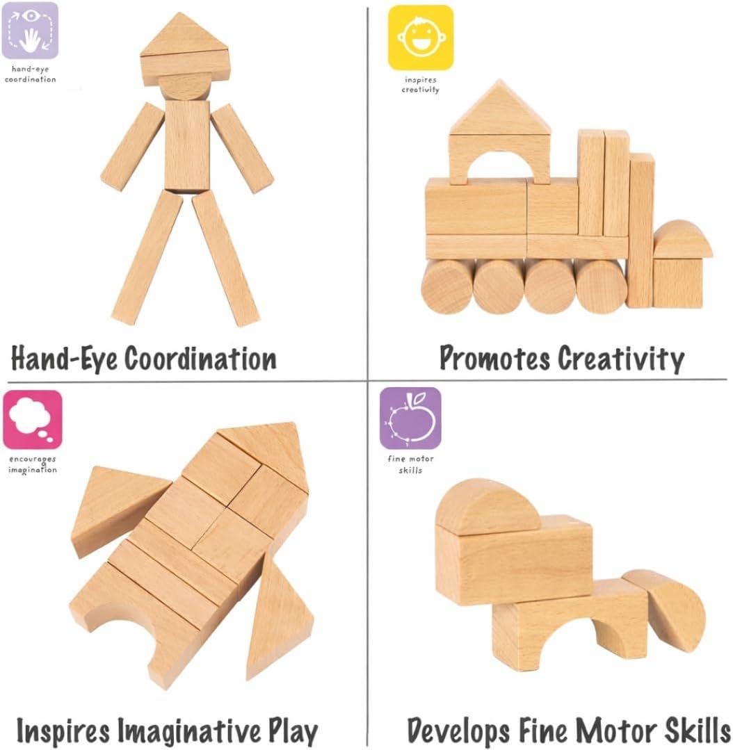Pidoko Kids 100pcs Natural Beech Wood Building Blocks for Toddlers 1-3, Wooden Blocks with Storage Bucket and Shape Sorter Lid Montessori Toys for 1 2 3 Year Old Boys and Girls, Preschool Learning - Image 3