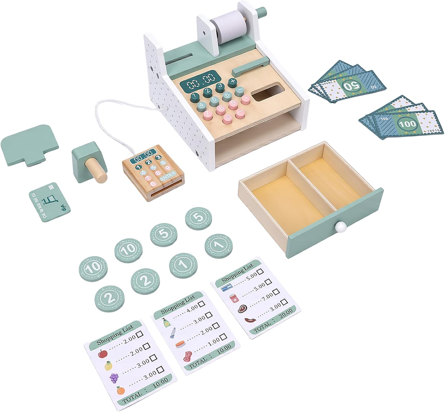 Wooden Cash Register Toy, Cash Register Toy Set with Scanner, Play Money & Shopping Cards, Kids Cashier Role Play , Educational for Learning Math Skills - Image 9