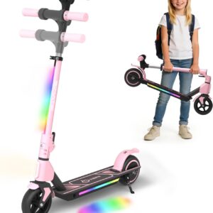 SIMATE Electric Scooter for Kids Ages 6-14, 3 Adjustable Heights 34″/37″/39″, LED Display & Colorful Lights, Foldable Kids Electric Scooter, 8.7 MPH Safe Speed, Gifts for Boys Girls