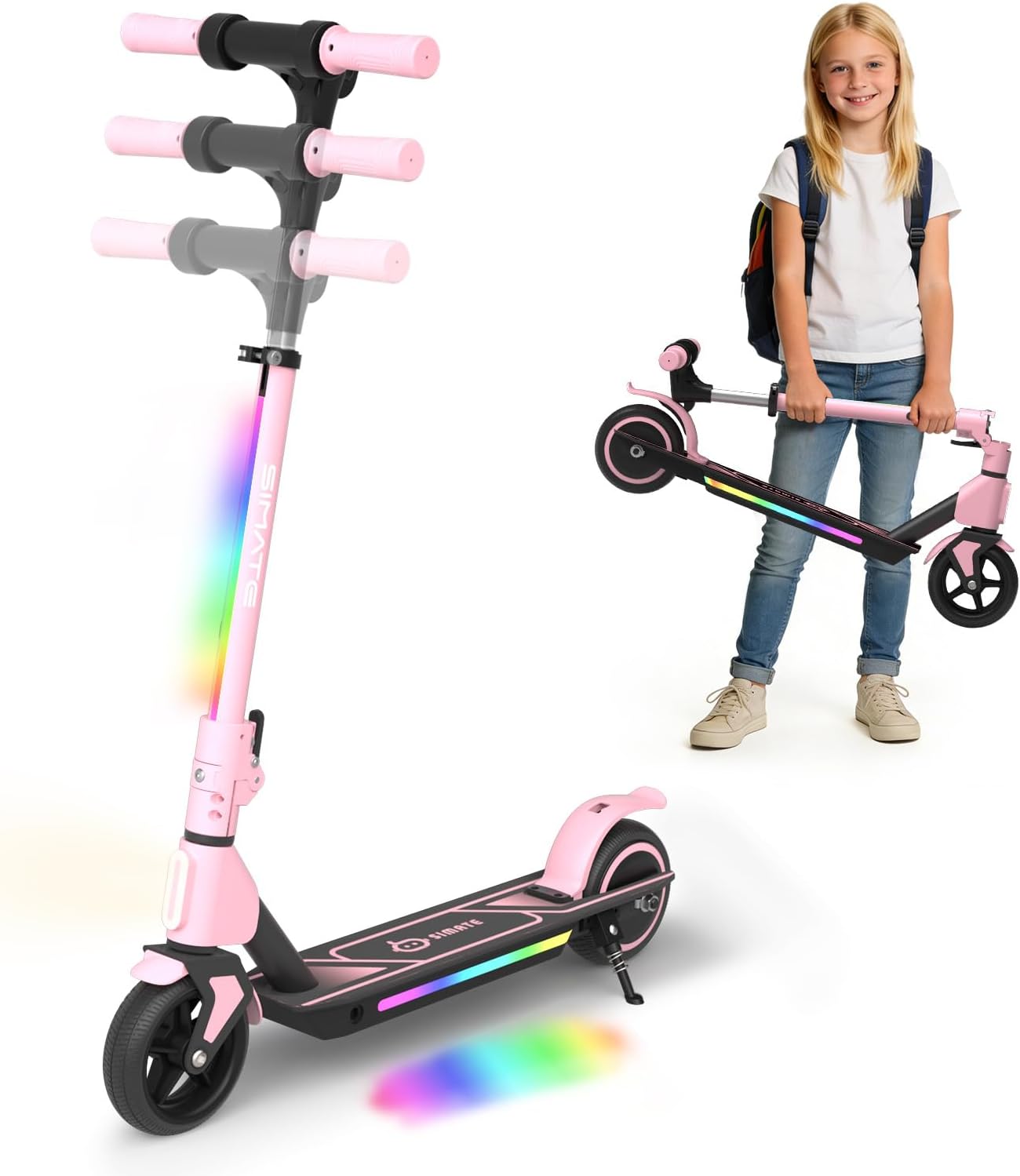 SIMATE Electric Scooter for Kids Ages 6-14, 3 Adjustable Heights 34"/37"/39", LED Display & Colorful Lights, Foldable Kids Electric Scooter, 8.7 MPH Safe Speed, Gifts for Boys Girls