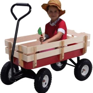ReunionG Garden Cart with Free-Rotating Wood Railing, Kids Outdoor Wagon with Rubber Wheels, All Terrain Cargo Wagon with 330lbs Weight Capacity, Red