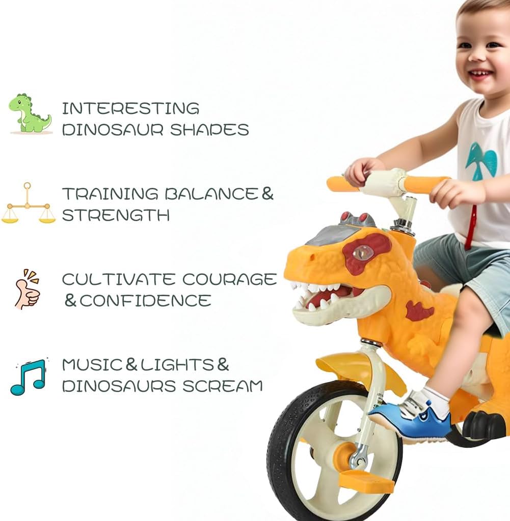 Dinosaur Kids Tricycle for Rider, Toddlers 2-6 Years - Trike Bike with Music, LED Lights, Storage Basket & Rubber Wheels | Indoor/Outdoor Big Wheels Bike Gift for Boys & Girls (Yellow) - Image 2