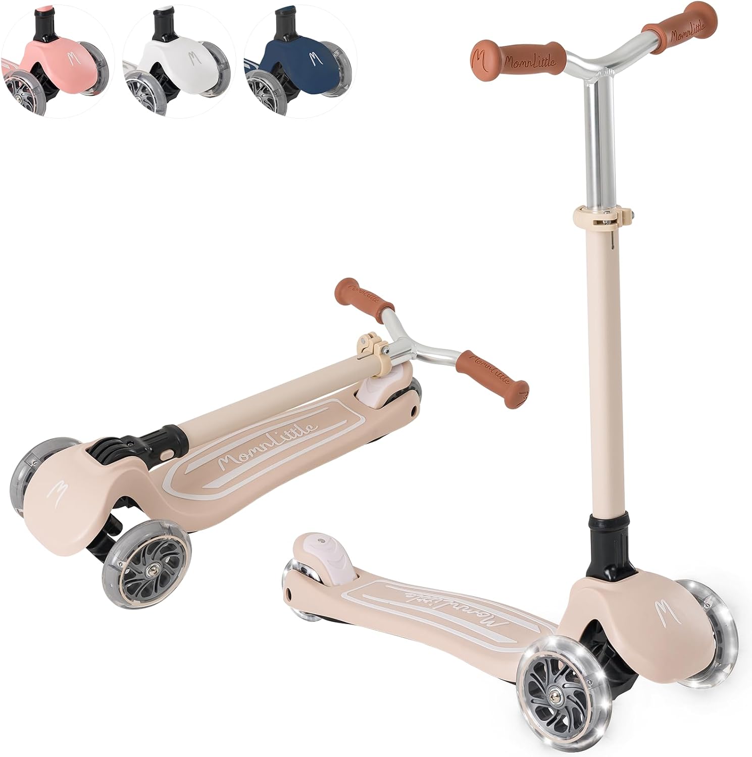 MomnLittle 3 Wheel Toddler Scooter for Kids Ages 3-10, Foldable Scooter with LED Light-Up Wheels, Lean-to-Steer Design, Mini Basket & 4 Adjustable Heights, Scooter for Boys and Girls