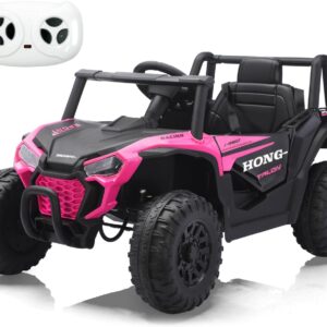 TCARAIWEN 12V Electric UTV Car with Remote Control, Ride on Vehicles with Spring Suspension, LED Headlights, Ride on 4 Wheels, Music, Horn for Toddlers Kids, Pink