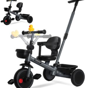 KRIDDO 2-in-1 Tricycle for Toddlers 1.5-5 Years, Push Tricycle with Parent Steering & Detachable Handle, 9-Stage Adjustable Handlebar, Toddler Trike with Safety Belt, Clutch Pedals & Dual Basket, Grey