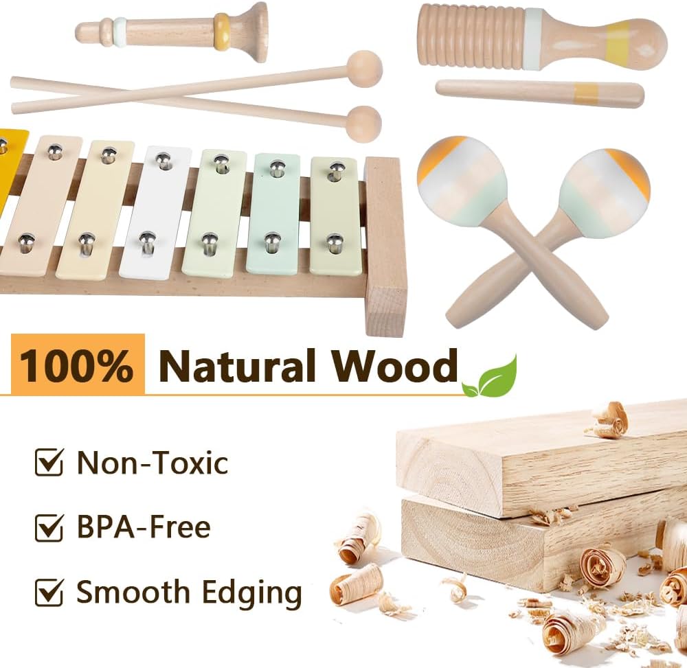 Baby Musical Instruments-Montessori Wooden Toys for Toddlers,Neutral Colors Percussion Instruments Set with Modern Boho Xylophone for Kids Preschool Educational (Neutral) - Image 5